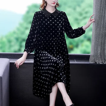 Ženy New Black Polka Dot Velvet Dlhý Rukáv Midi Šaty Jeseň Zima Hrubé Teplé Elegantné Šaty 2023 Kórejský Vintage Hepburn Šaty